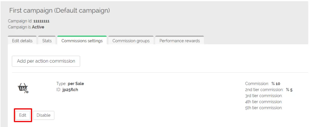 Captura de pantalla mostrando la interfaz de configuración de comisiones en Post Affiliate Pro.