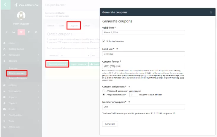 Ilustración que muestra la función de generación de cupones en Post Affiliate Pro.