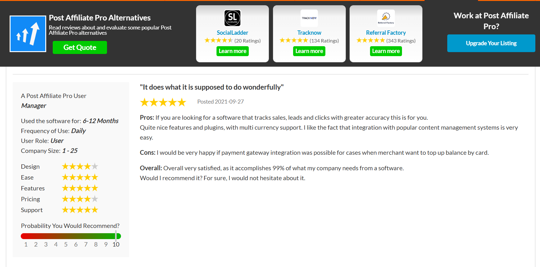 Post Affiliate Pro reconocido como Líder de Categoría por SourceForge