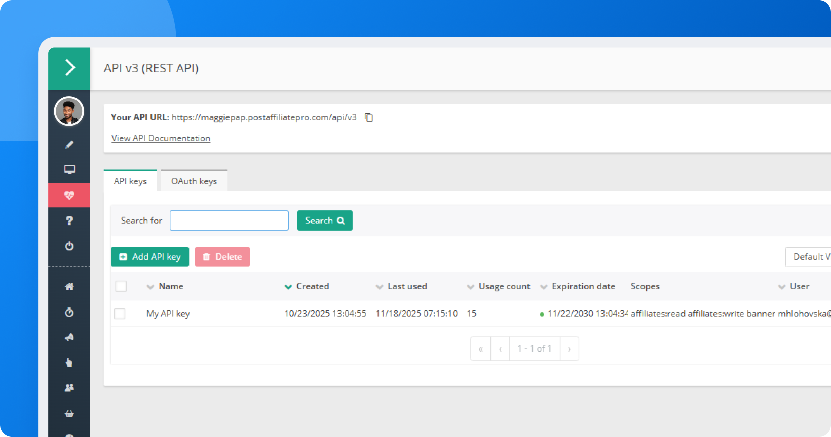 Interfaz de documentación de REST API v3 (Beta) de Post Affiliate Pro que muestra especificación OpenAPI 3.0, configuración de autenticación basada en tokens y pantalla de gestión de claves de API con alcances y configuración de vencimiento
