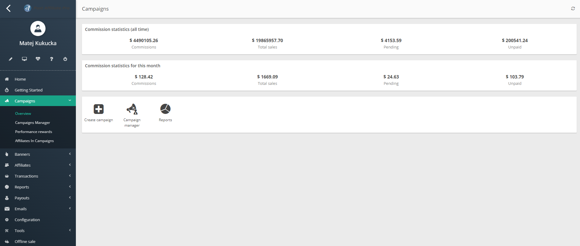 Vista general de campañas en Post Affiliate Pro
