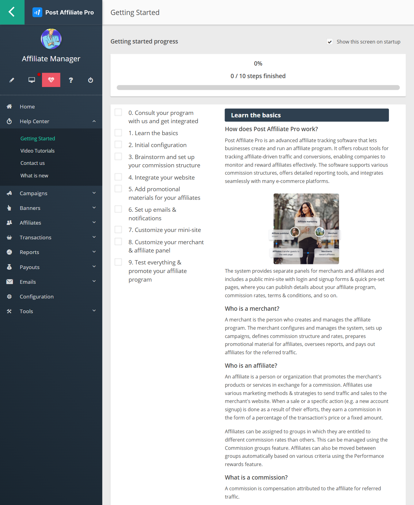 El nuevo Centro de Ayuda de Post Affiliate Pro en el panel de comerciante, mostrando la sección de introducción, tutoriales en video y novedades en Post Affiliate Pro.
