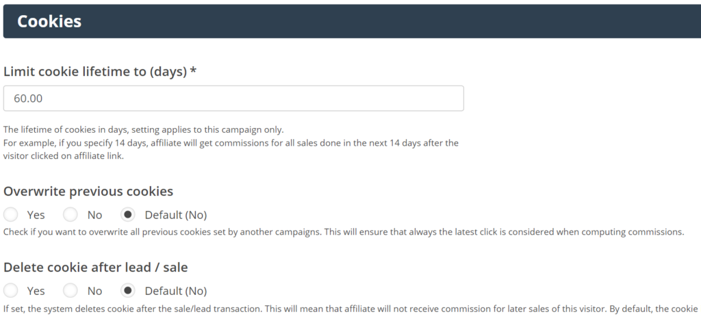 Configuración de vida útil de cookies en Post Affiliate Pro