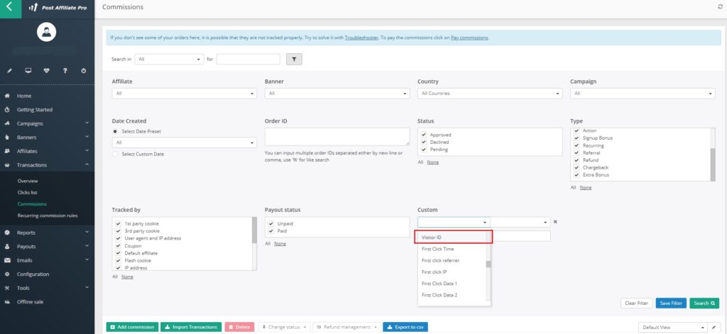 Post Affiliate Pro - filtro de ID de visitante en la lista de comisiones
