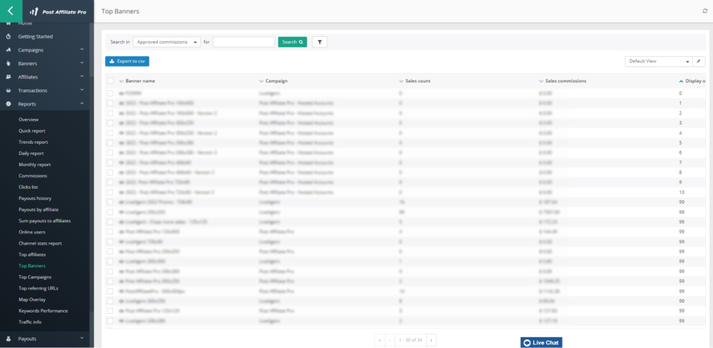 Informe de top banners en Post Affiliate Pro
