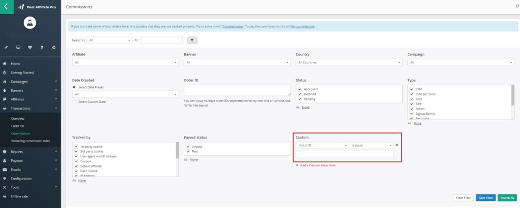 Post Affiliate Pro - filtro de ID de visitante