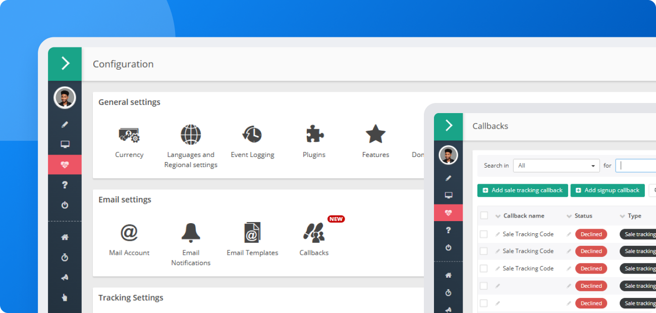 Configuration screen in Post Affiliate Pro merchant panel, where you’ll find a new with a UI to add new callback URLs
