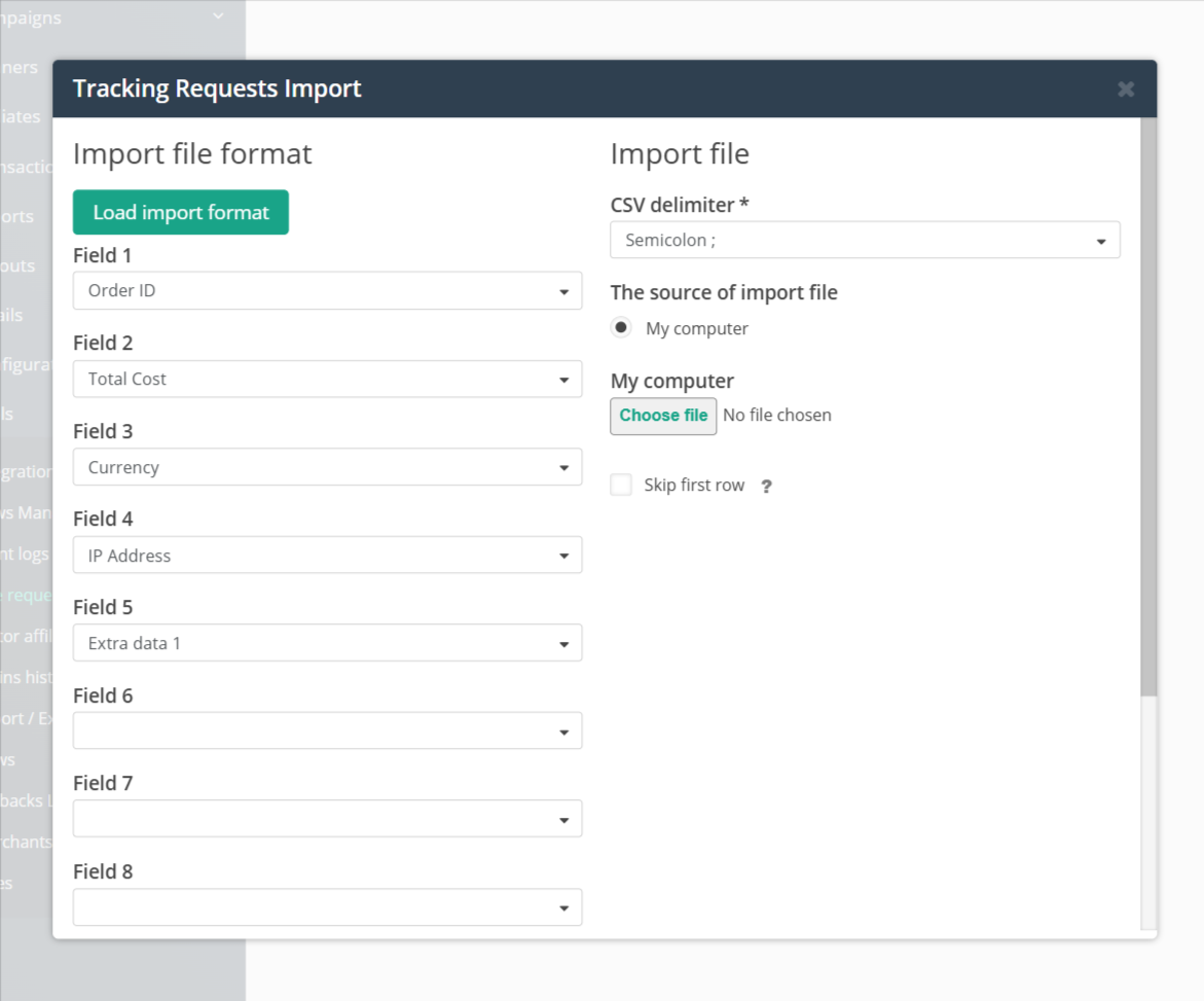 Importación de solicitudes de seguimiento donde es posible reformatear archivos antes de cargarlos.