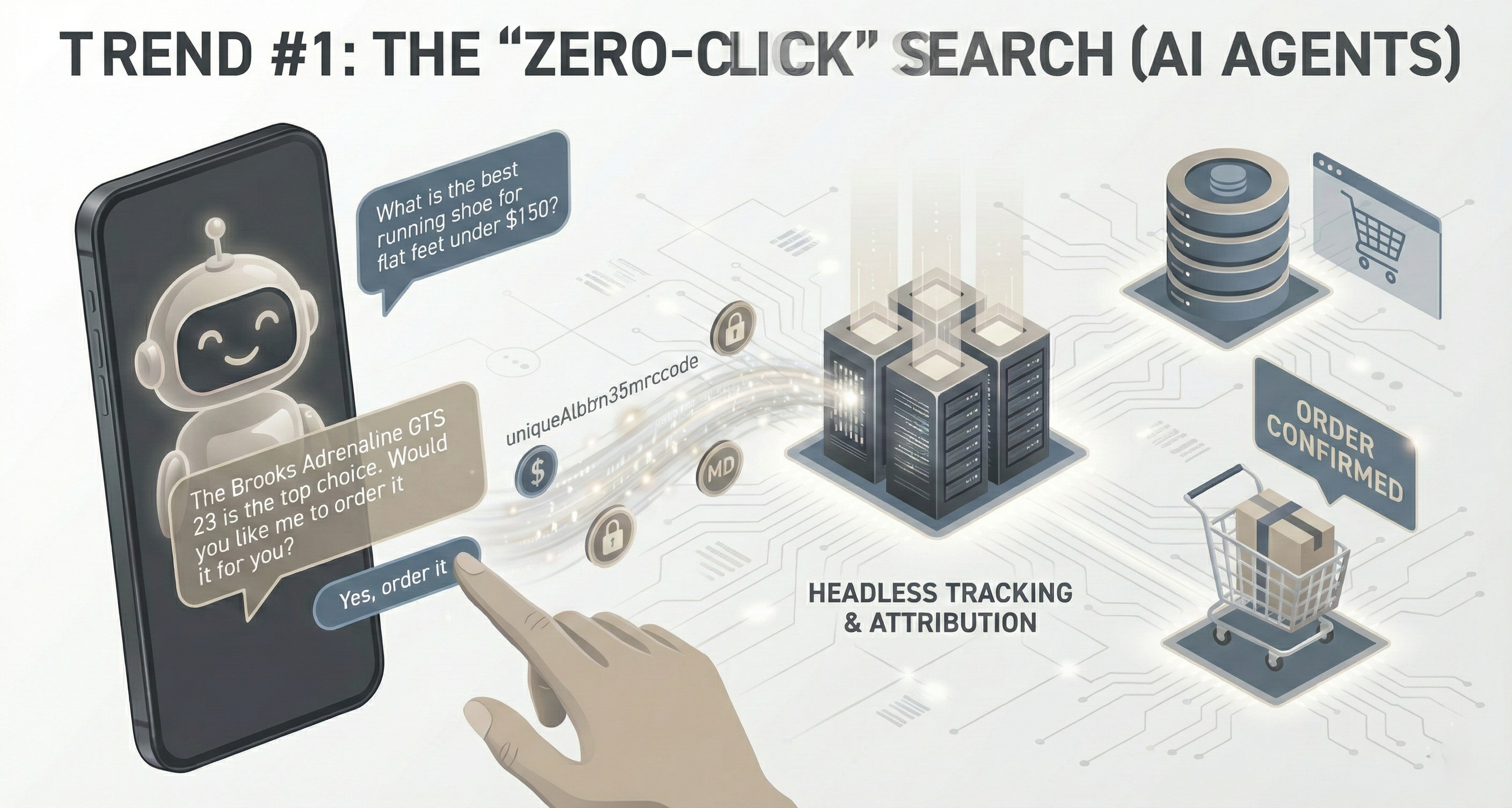 Interfaz de chatbot de IA que muestra un ejemplo de búsqueda de cero clics donde un agente de IA responde directamente a la pregunta de producto de un usuario sin requerir que haga clic en los resultados de búsqueda