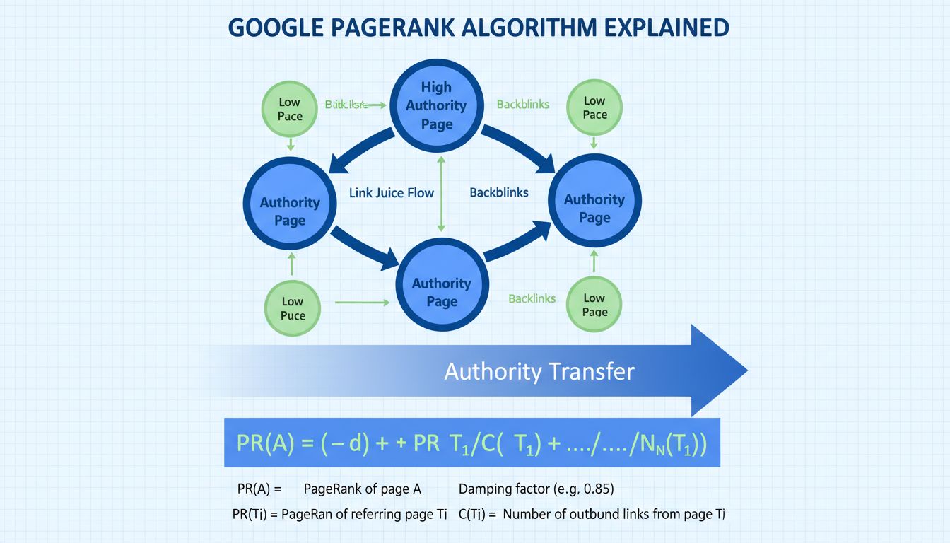 Diagrama de red del algoritmo PageRank que muestra el flujo de enlaces y la transferencia de autoridad entre páginas web
