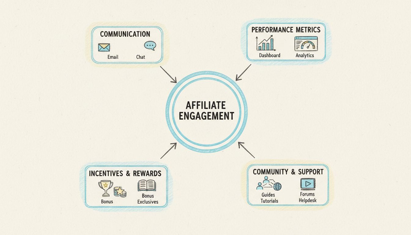 Marco de estrategia de compromiso de afiliados que muestra comunicación, métricas de rendimiento, incentivos, capacitación y soporte comunitario