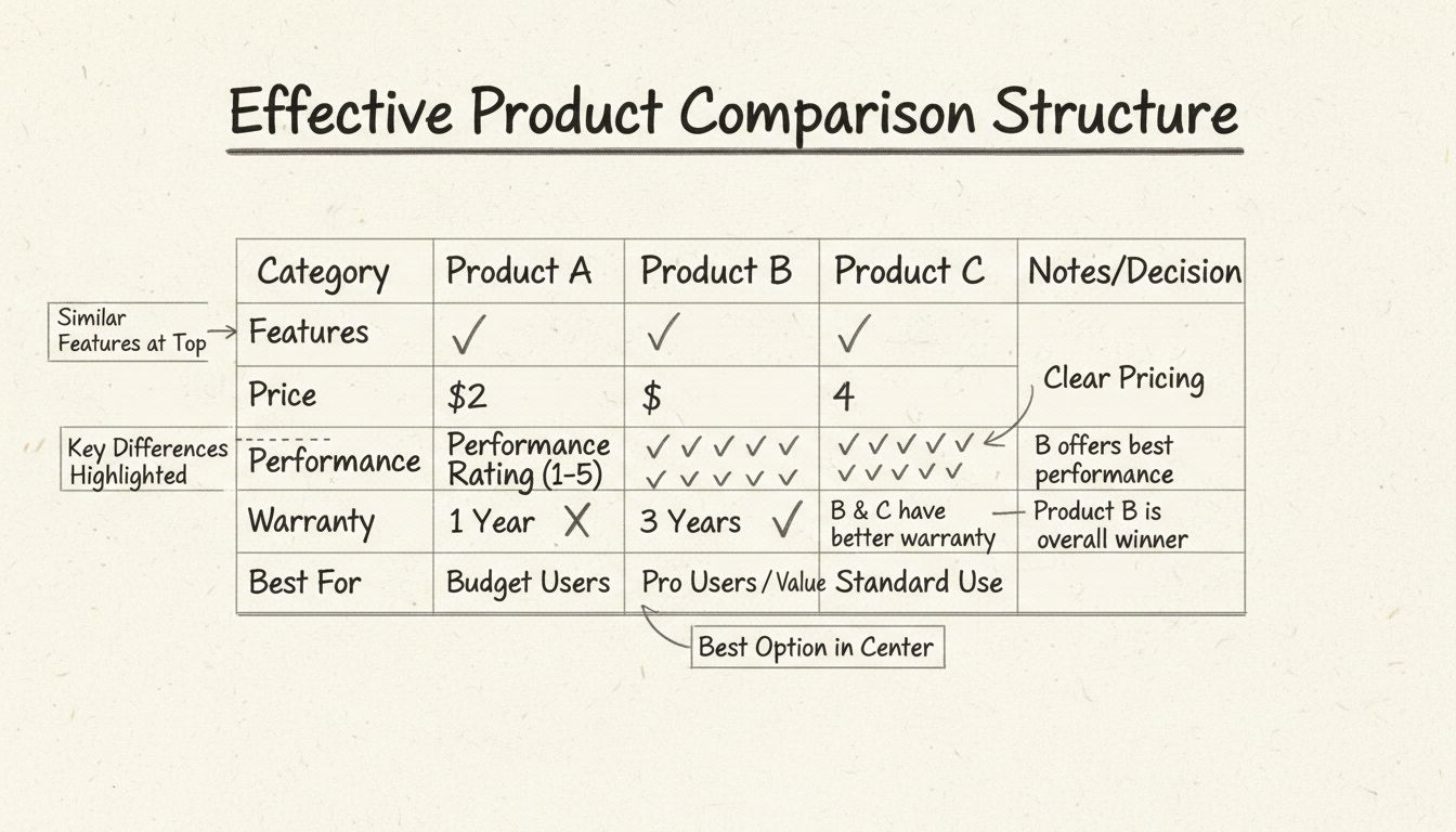 Estructura efectiva de una tabla comparativa de productos mostrando características similares en la parte superior, diferencias clave resaltadas, precios claros y la mejor opción en el centro