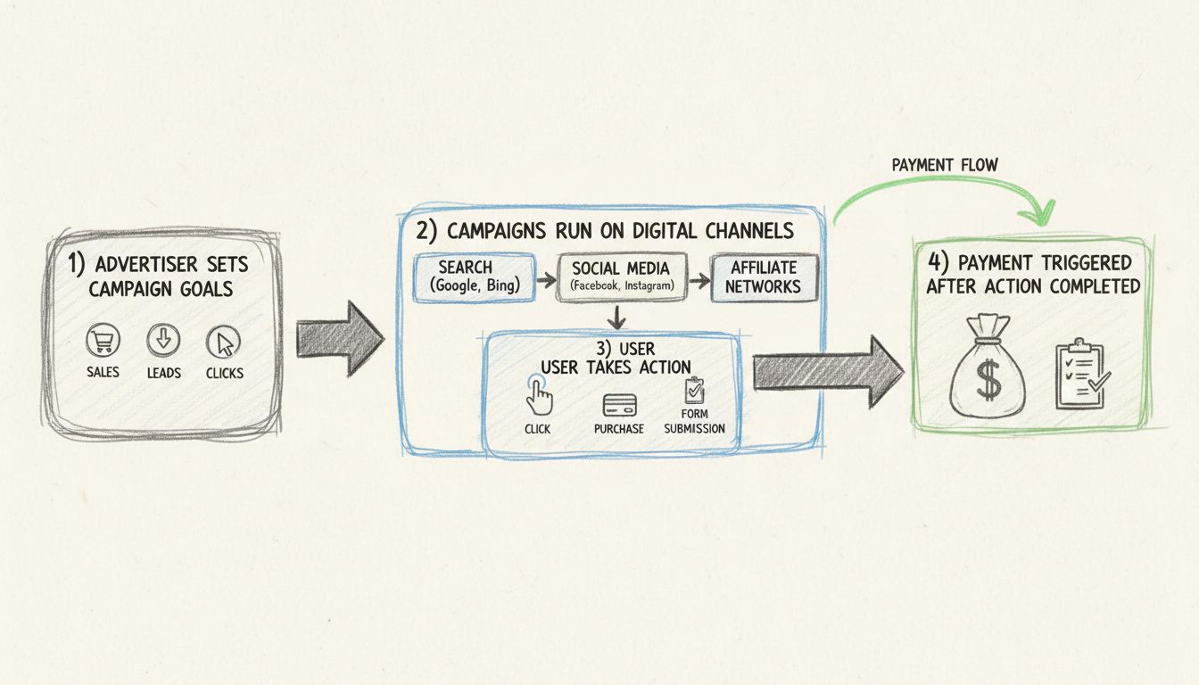 Diagrama del flujo de trabajo de marketing basado en el rendimiento que muestra objetivos de campaña, canales digitales, acciones del usuario y disparadores de pago