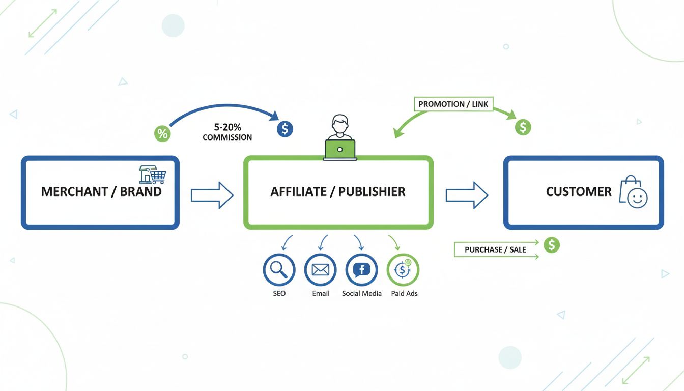 Ecosistema de marketing de afiliados que muestra las relaciones entre comerciante, afiliado y cliente con el flujo de comisiones