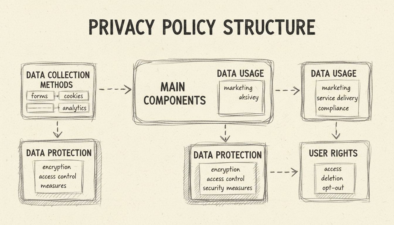 Diagrama de estructura de política de privacidad mostrando métodos de recolección de datos, uso, protección y derechos del usuario
