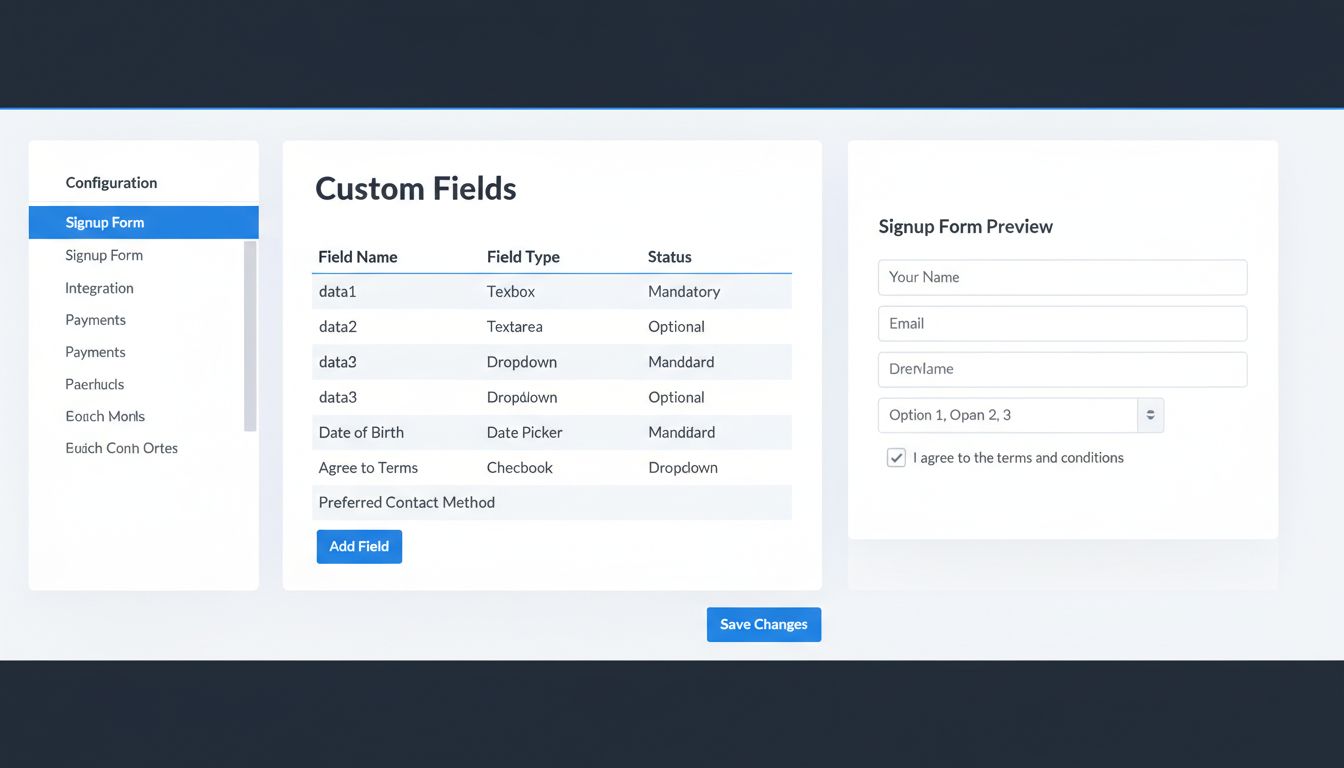 Interfaz de configuración del formulario de registro en Post Affiliate Pro mostrando la configuración de campos personalizados con tipos de campo y opciones de estado