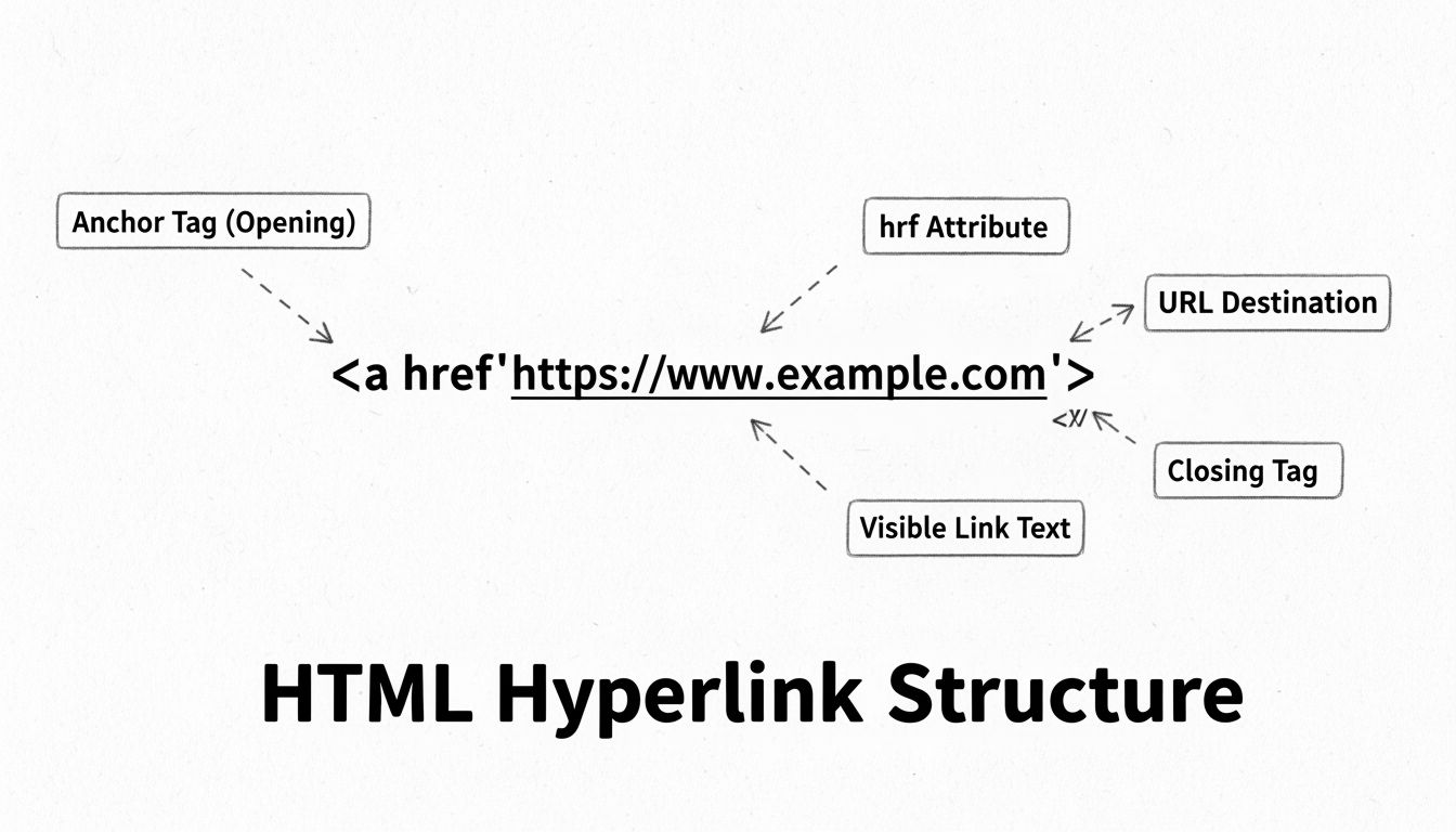 Diagrama de la estructura de un hipervínculo HTML mostrando los componentes de la etiqueta de ancla