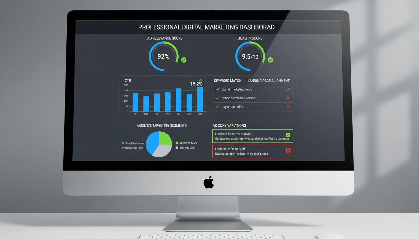 Panel de métricas de relevancia de anuncios mostrando puntuaciones de calidad, CTR y rendimiento de palabras clave