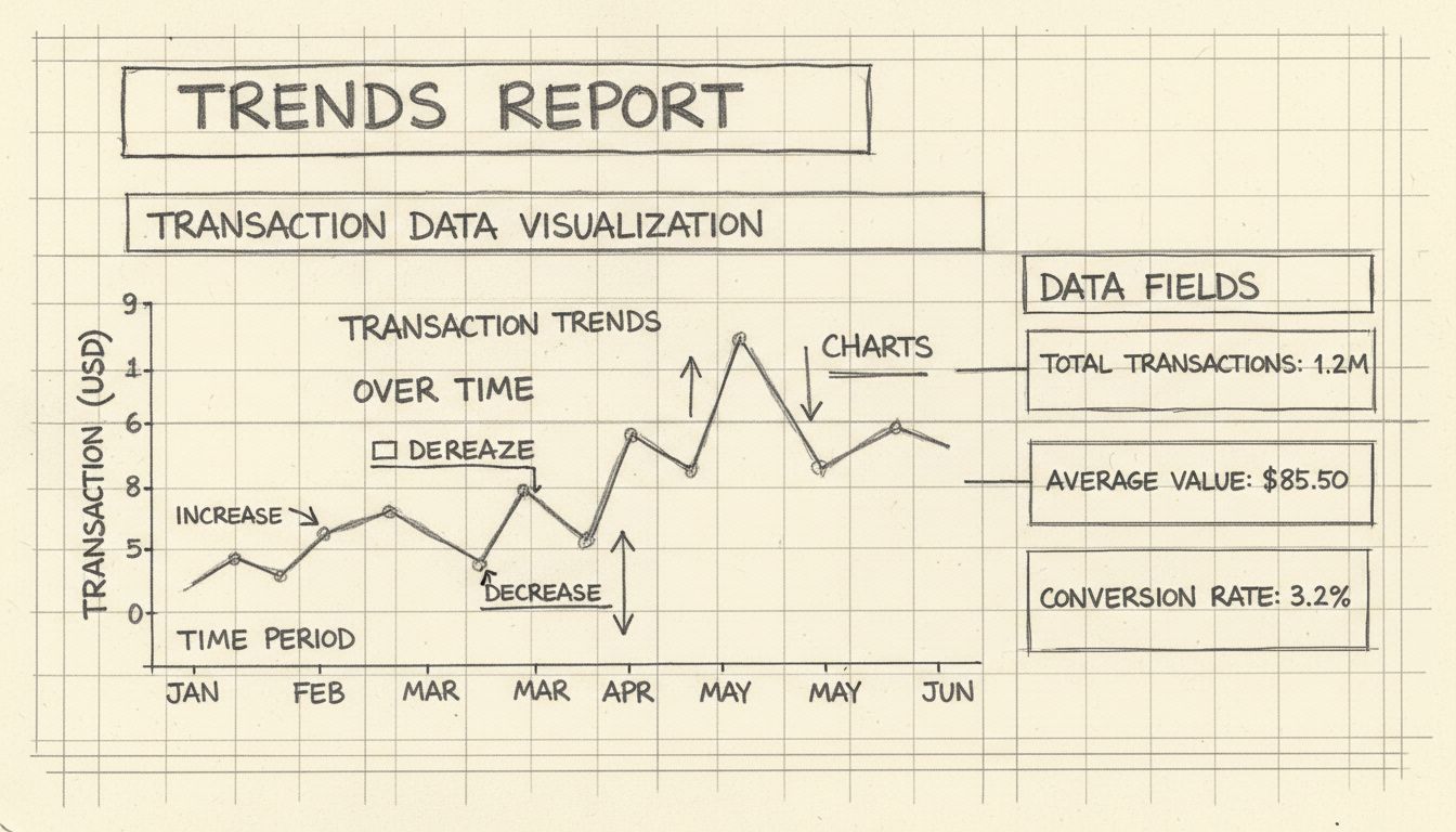 Panel de informe de tendencias mostrando visualización de datos de transacciones con gráficos de líneas y campos de datos