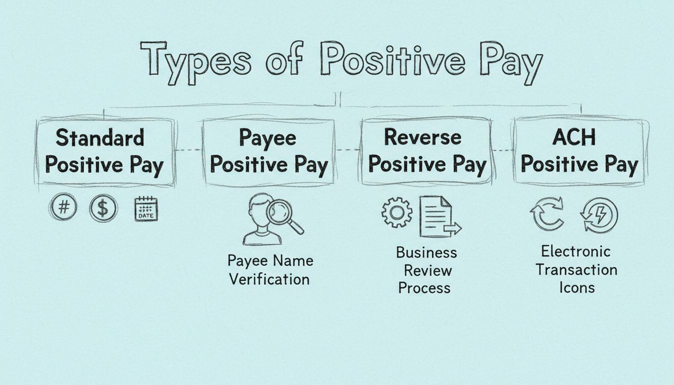 Diagrama hecho a mano que muestra los cuatro tipos de sistemas Positive Pay con recuadros para Estándar, Beneficiario, Reverso y ACH Positive Pay