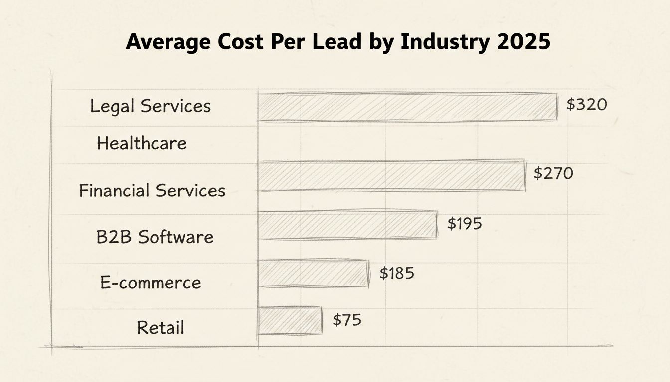 Costo promedio por lead por industria 2025 - Gráfico de barras hecho a mano mostrando precios en diferentes sectores