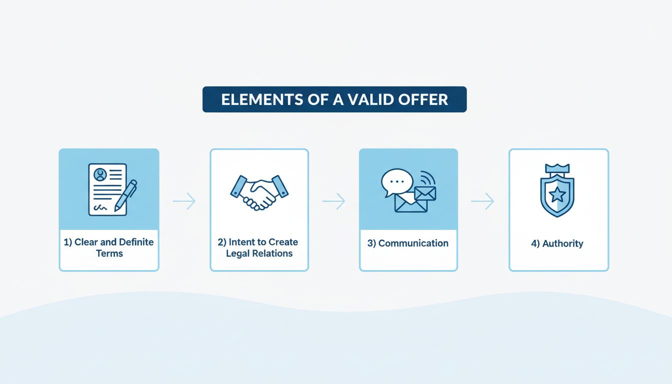Elementos de una oferta válida en derecho contractual que muestran términos claros, intención, comunicación y autoridad