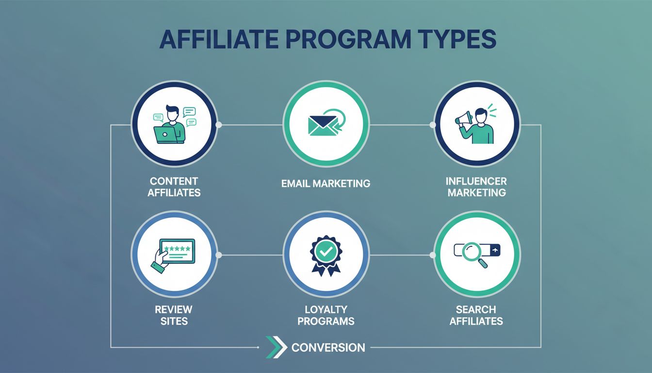 Infografía que muestra diferentes tipos de programas de afiliados, incluyendo afiliados de contenido, email marketing, marketing de influencers, sitios de reseñas, programas de fidelización y afiliados de búsqueda