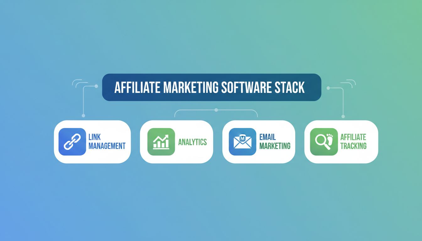 Infografía del stack de software de marketing de afiliados mostrando gestión de enlaces, analítica, email marketing y herramientas de seguimiento de afiliados