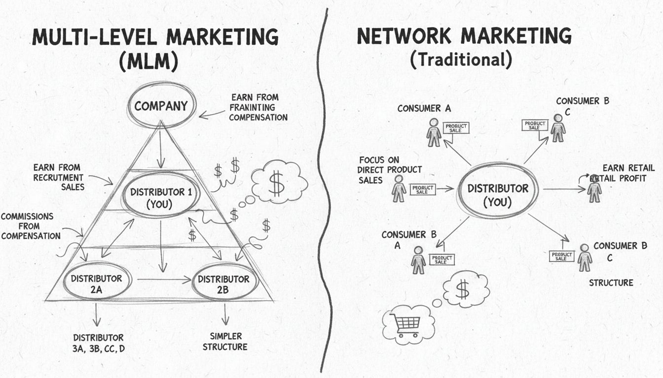 Diagrama dibujado a mano que compara las estructuras de MLM y Marketing de Redes con el flujo de comisiones y niveles de distribuidores