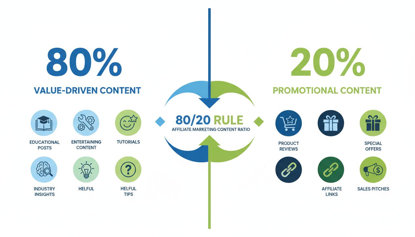 Infografía de la proporción de contenido 80/20 mostrando 80% de contenido de valor y 20% de contenido promocional para marketing de afiliados