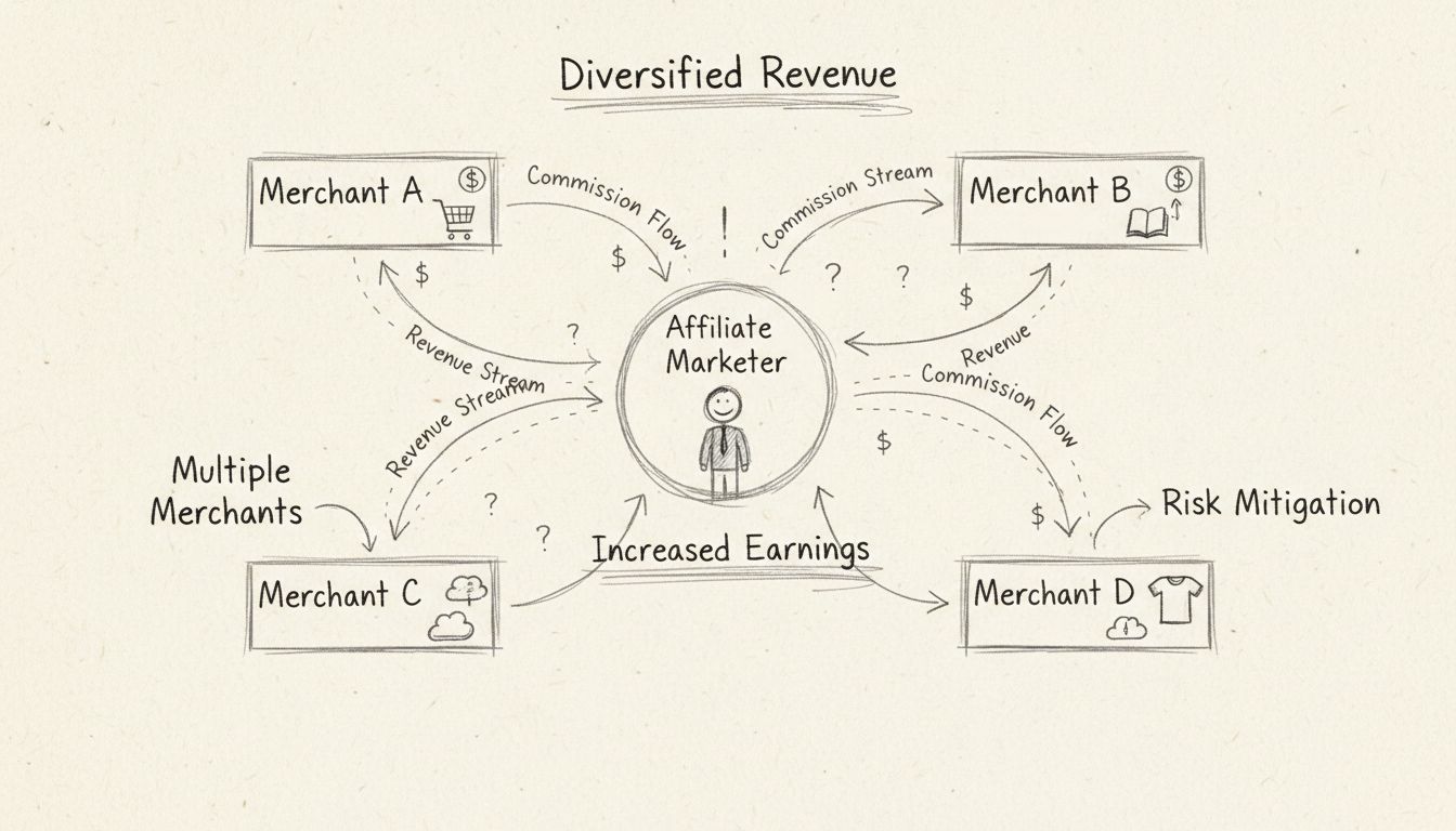 Diagrama hecho a mano que muestra a un afiliado conectado a varios comerciantes con flujos de ingresos diversificados y comisiones