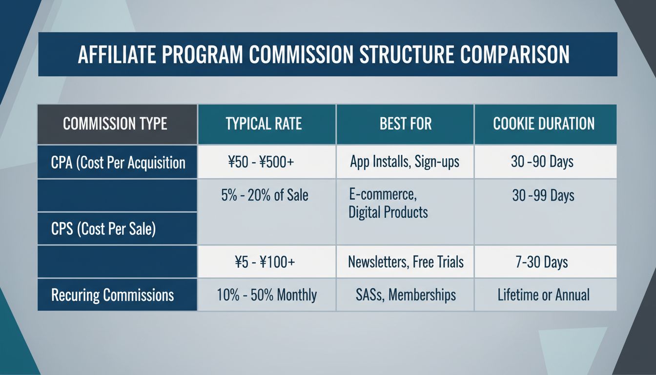 Tabla comparativa de estructura de comisiones mostrando tipos CPA, CPS, CPL y comisiones recurrentes con tasas y duración de cookies