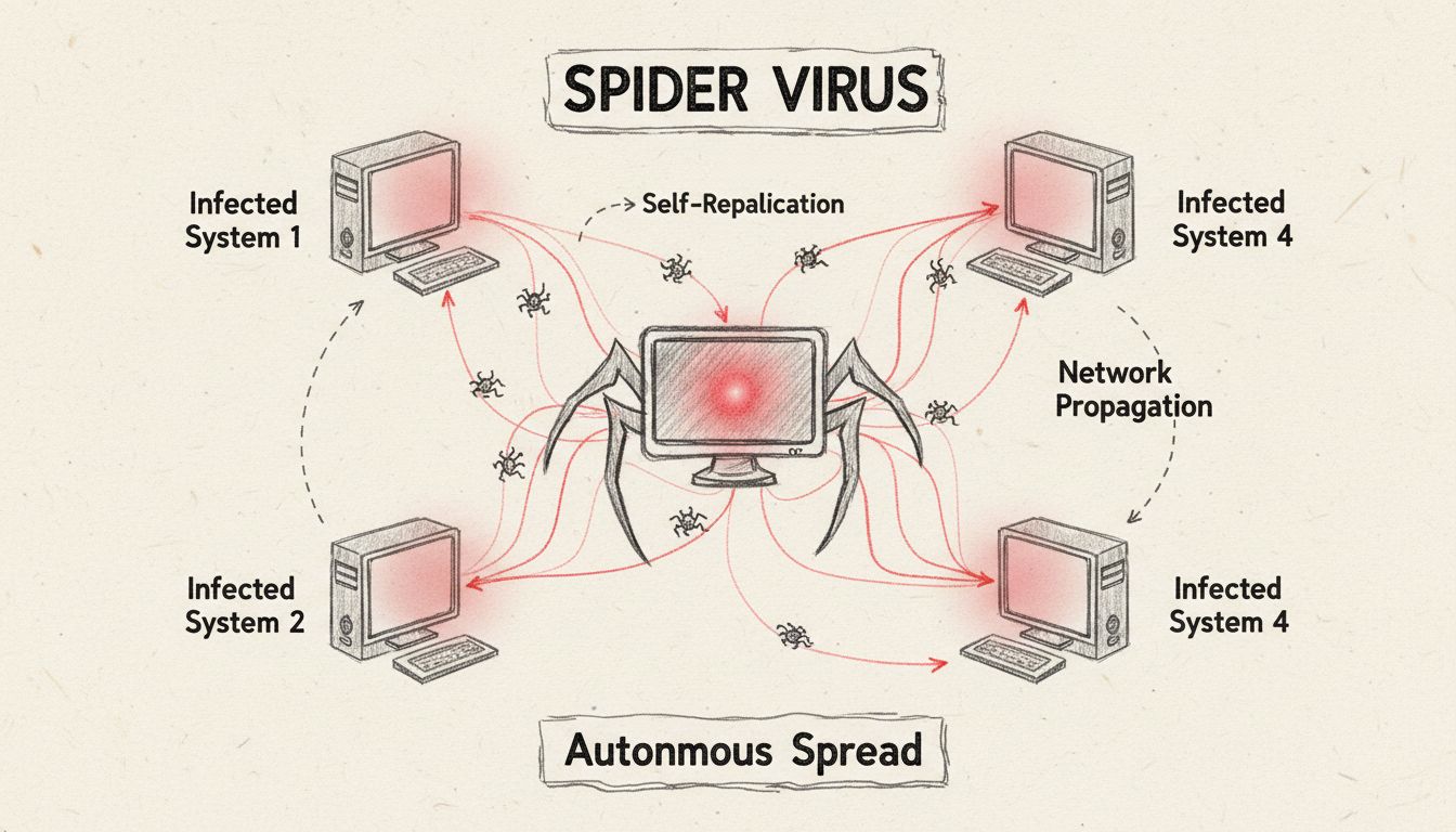 Diagrama técnico que muestra la propagación de virus spider en red con sistemas infectados expandiéndose entre nodos conectados
