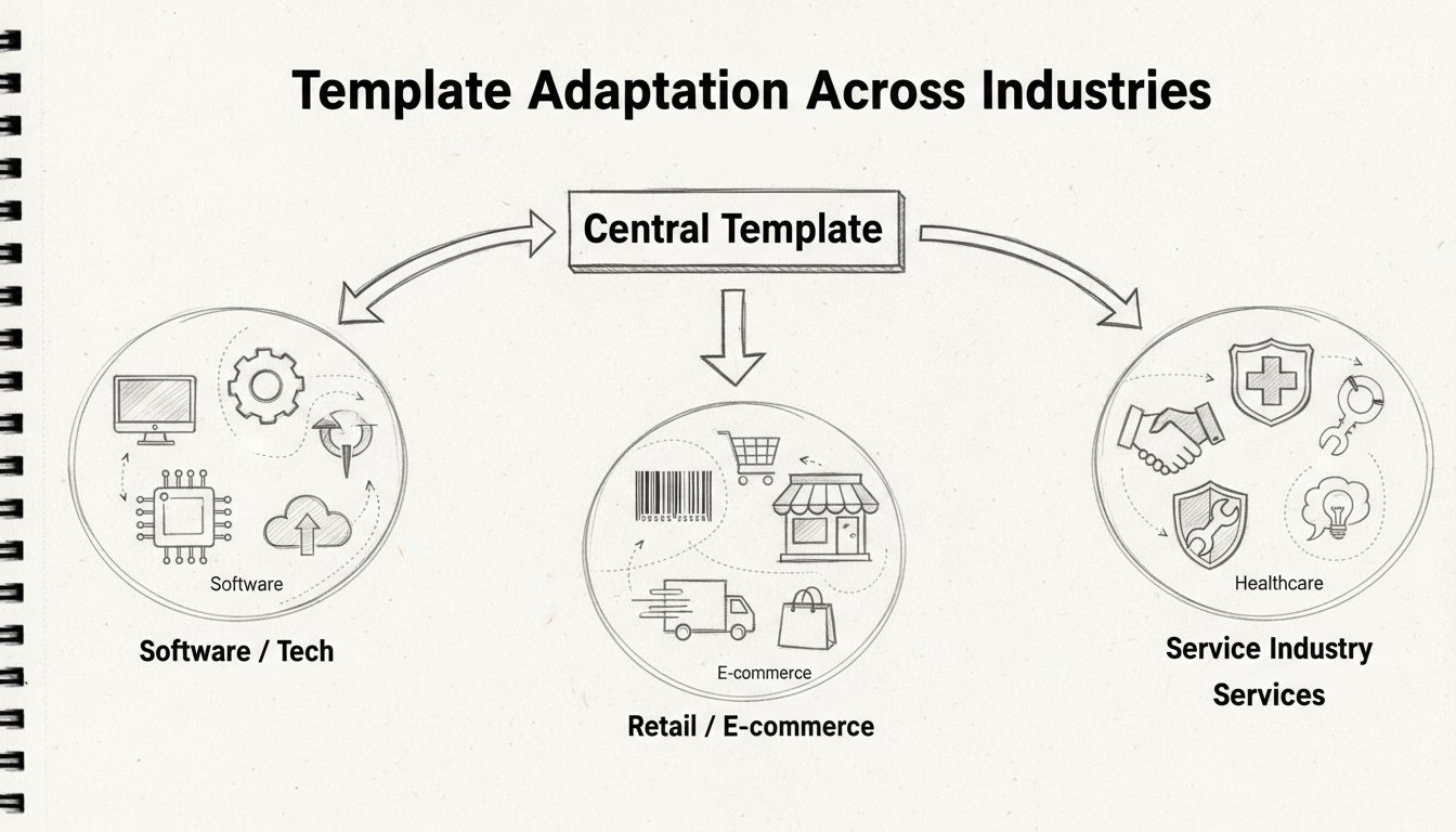 Diagrama hecho a mano que muestra la adaptación de plantillas en diferentes industrias incluyendo software, retail, servicios, e-commerce y salud