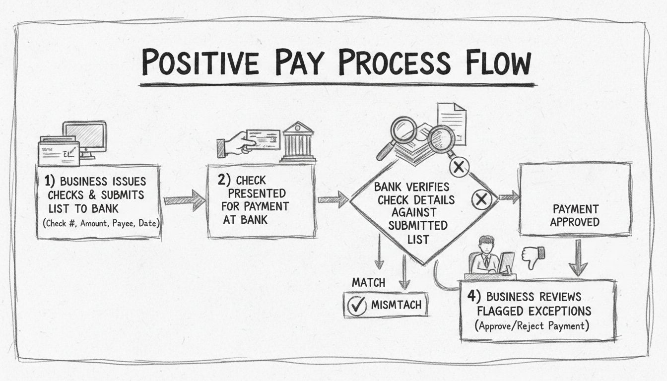 Diagrama de flujo del proceso Positive Pay mostrando cuatro pasos: emisión de cheques, envío al banco, verificación y revisión por parte de la empresa