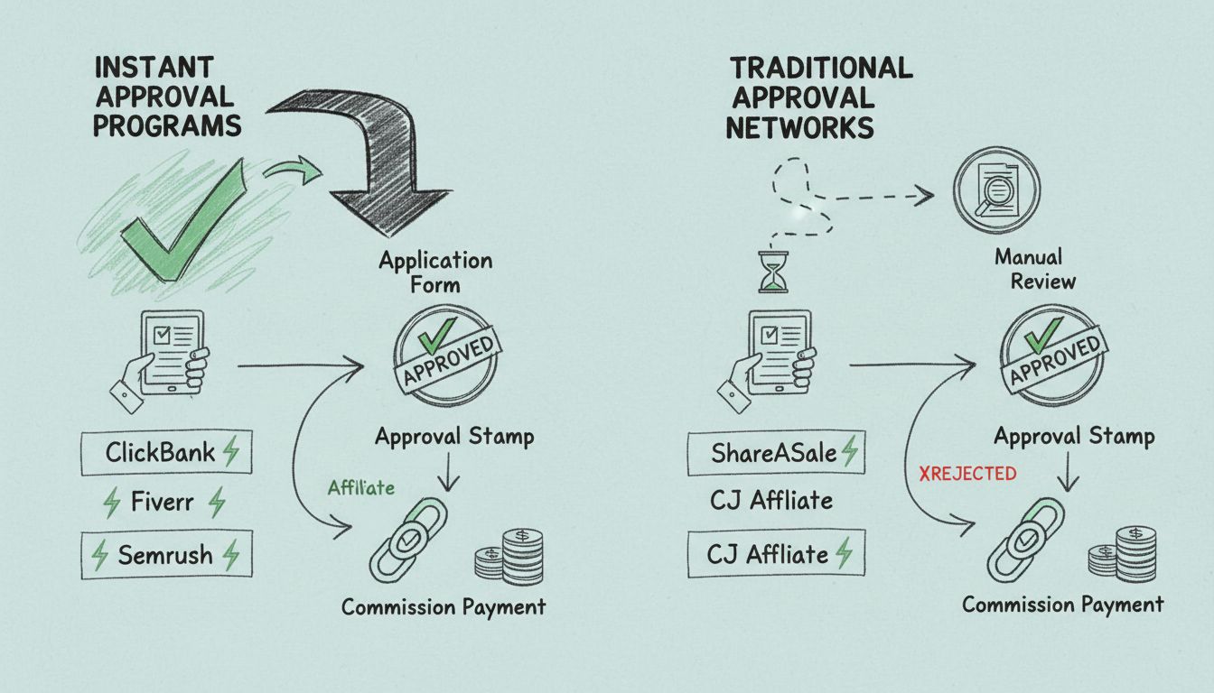 Diagrama del flujo de proceso de aprobación en marketing de afiliados comparando aprobación instantánea vs tradicional