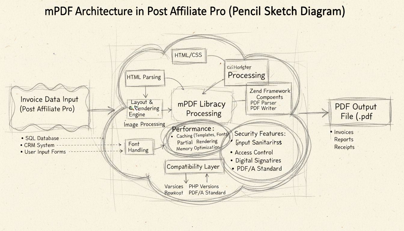 Diagrama de arquitectura de la biblioteca mPDF mostrando el flujo de generación de PDF desde los datos de la factura hasta el procesamiento y la salida con mejoras de rendimiento y funciones de seguridad