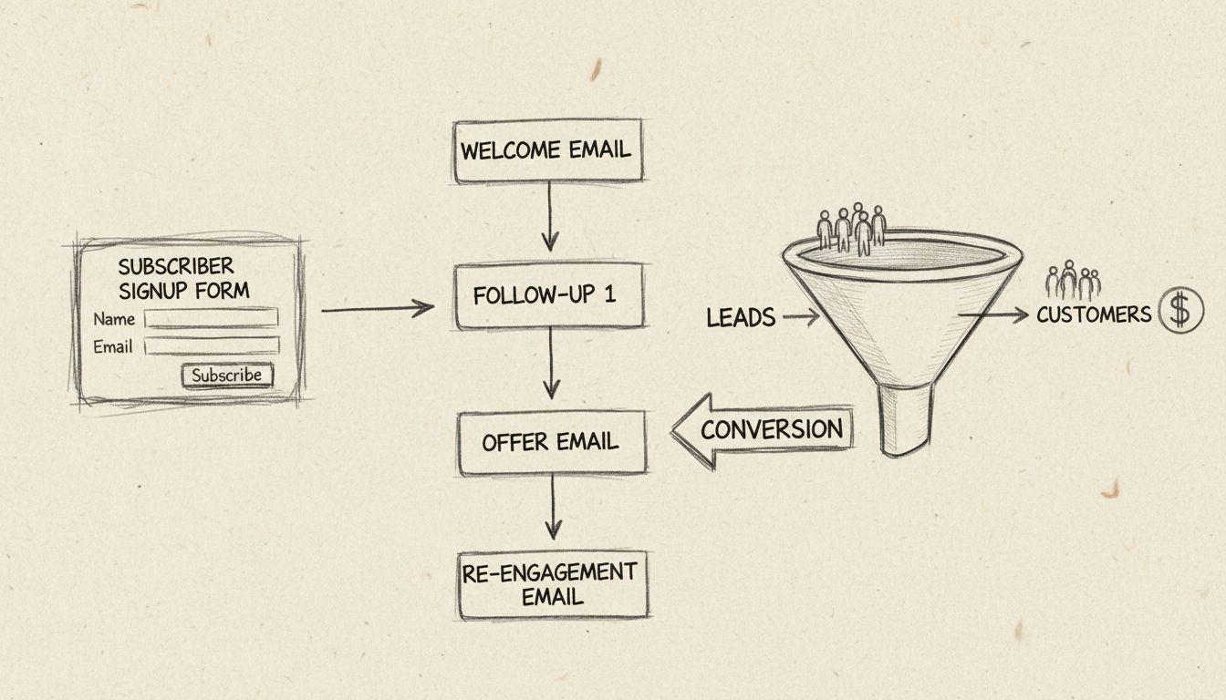 Diagrama del flujo de trabajo de un autoresponder de correo electrónico mostrando registro de suscriptor, secuencia automatizada y embudo de conversión