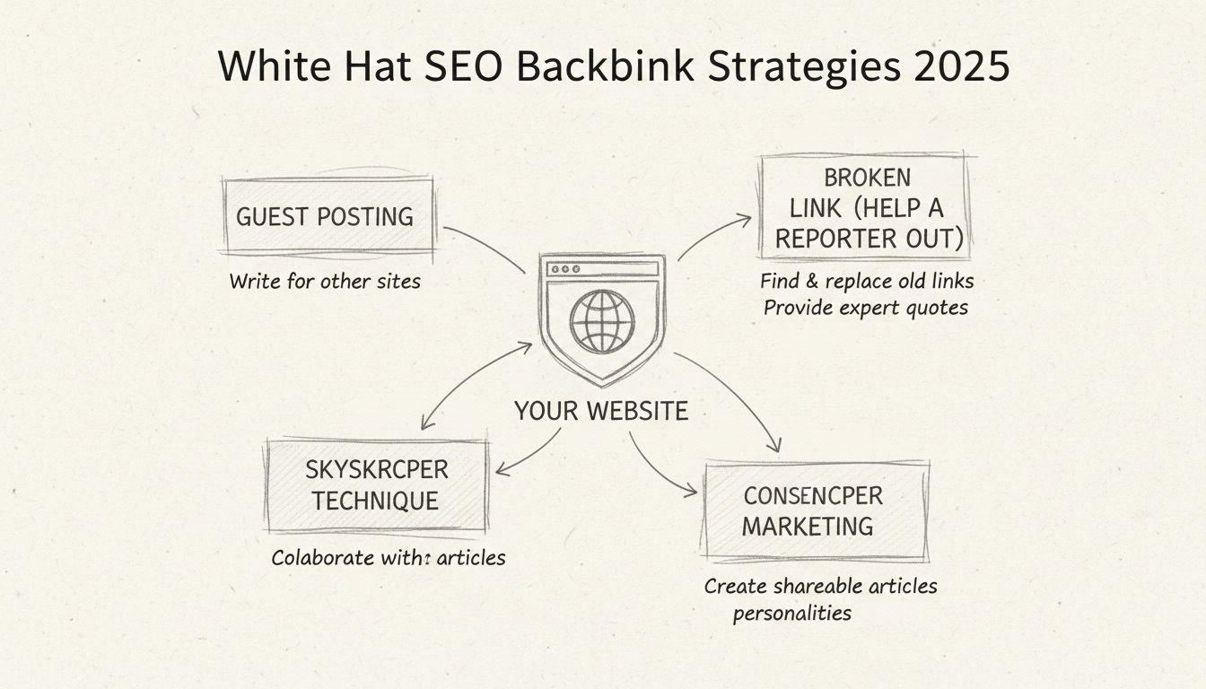 Estrategias de backlinks White Hat SEO 2025 - Diagrama a mano alzada mostrando Guest Posting, Broken Link Building, HARO, Skyscraper Technique, Content Marketing, e Influencer Outreach