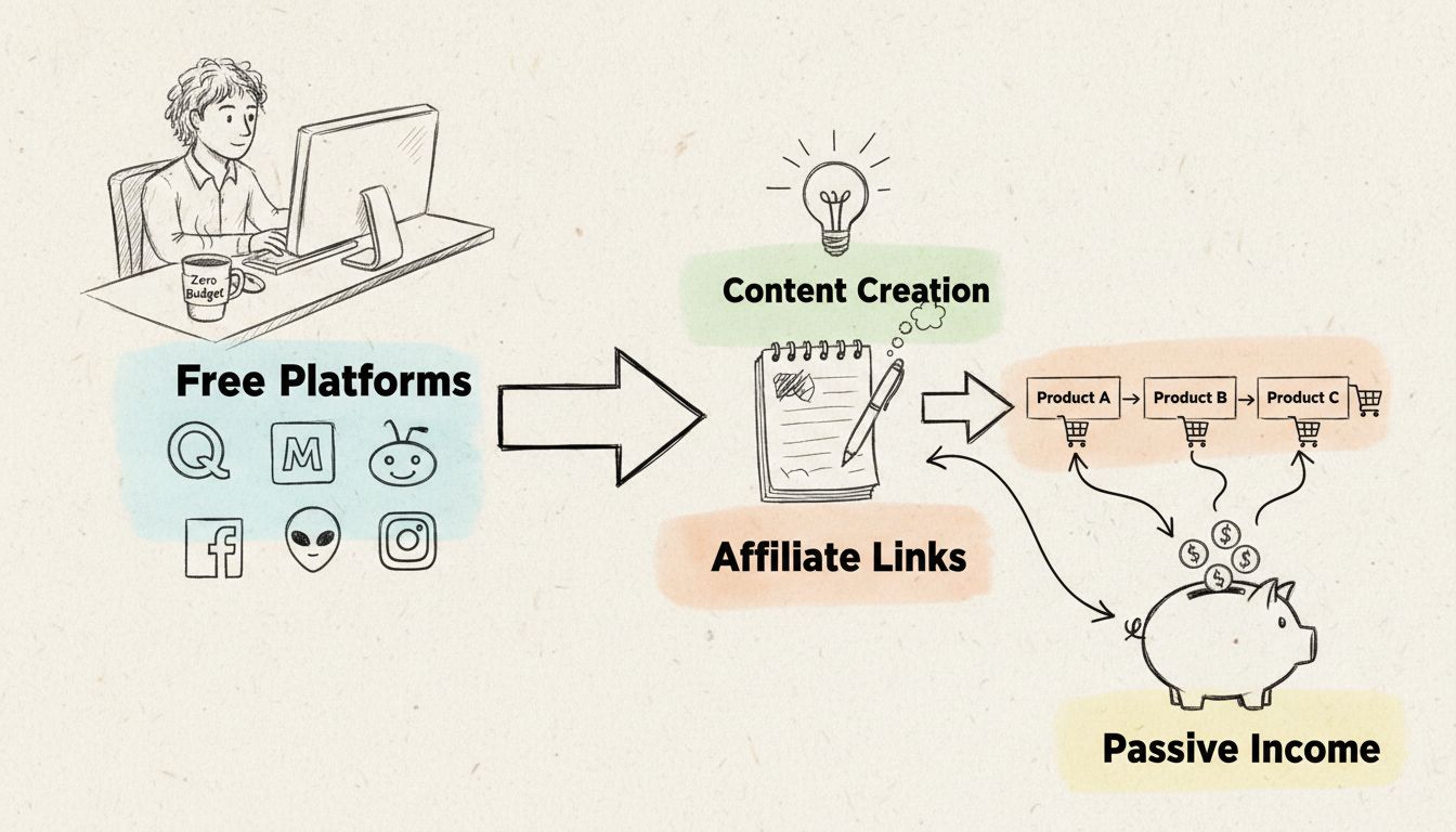 Diagrama de flujo de bum marketing que muestra el proceso de marketing de afiliados sin coste con plataformas gratuitas, creación de contenido, enlaces de afiliado y generación de ingresos pasivos