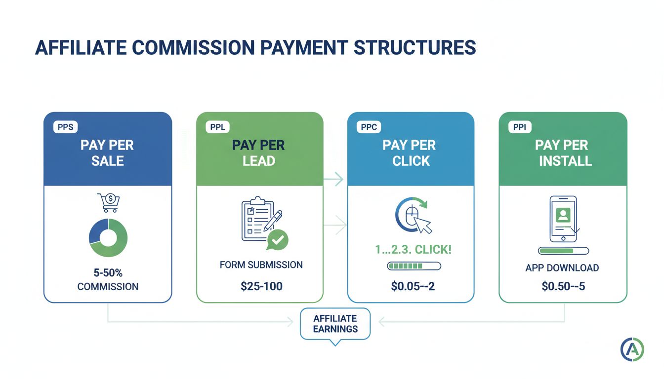Infografía de estructuras de pago de comisiones para afiliados mostrando modelos PPS, PPL, PPC y PPI con tasas de comisión