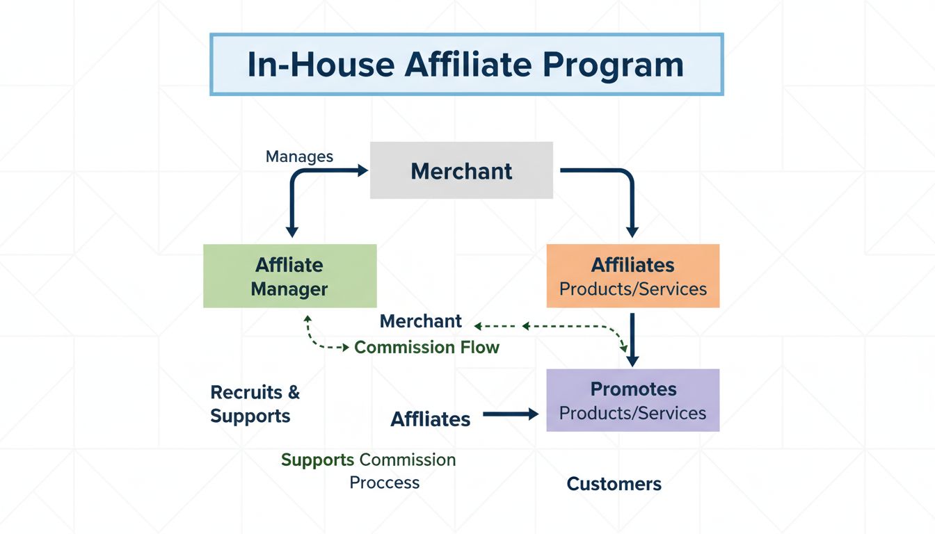 Diagrama de la estructura de un programa de afiliados interno mostrando comerciante, gestor de afiliados, afiliados y clientes con flujo de comisiones