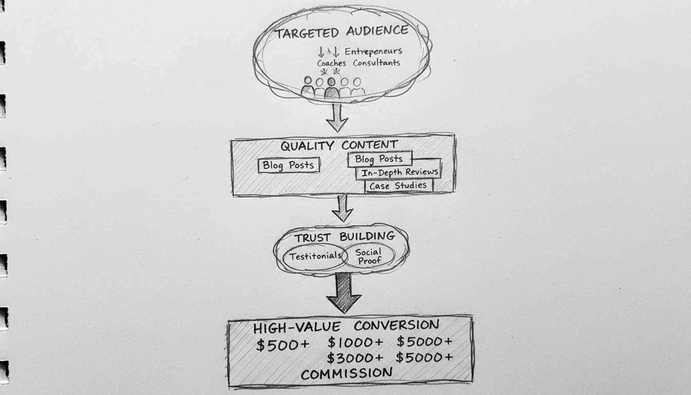 Diagrama a lápiz hecho a mano del embudo de marketing de afiliados de alto ticket mostrando la progresión desde la audiencia objetivo, a través de contenido de calidad y construcción de confianza, hasta conversiones de alto valor