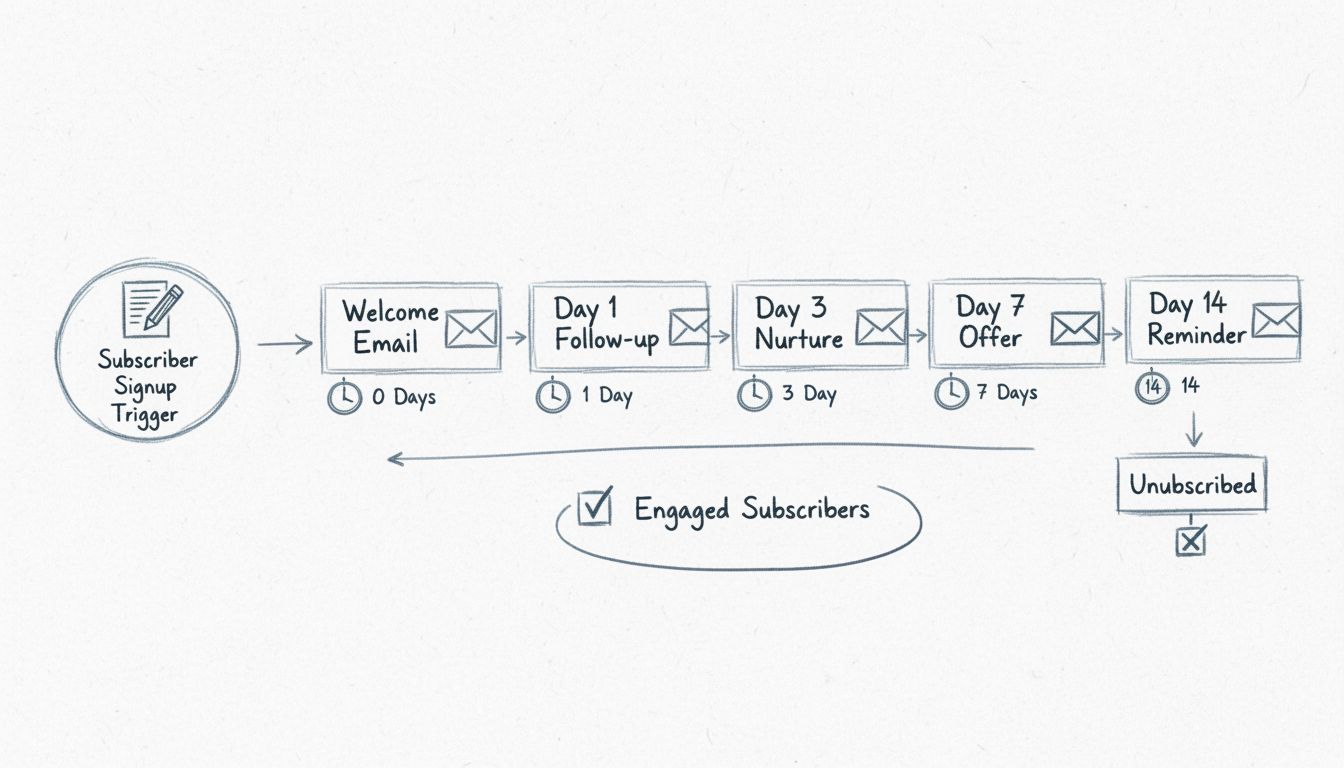 Diagrama del flujo de trabajo de un autorespondedor de correo electrónico mostrando el desencadenante de registro de suscriptor que lleva a una secuencia automática con correo de bienvenida, correos de seguimiento, correos de nutrición y ofertas promocionales en diferentes intervalos de tiempo