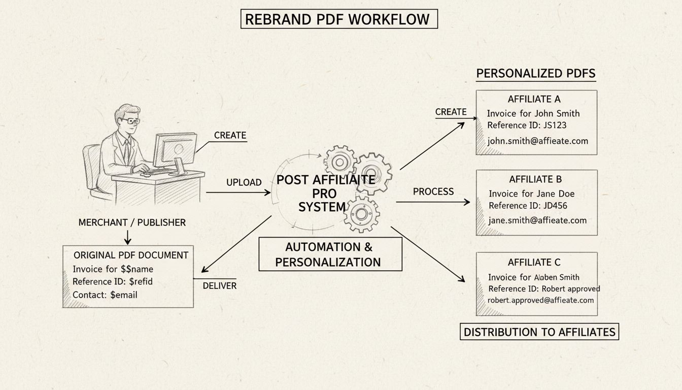 Diagrama del flujo de trabajo de Rebrand PDF que muestra cómo los comerciantes crean PDFs con variables que se personalizan automáticamente para cada afiliado
