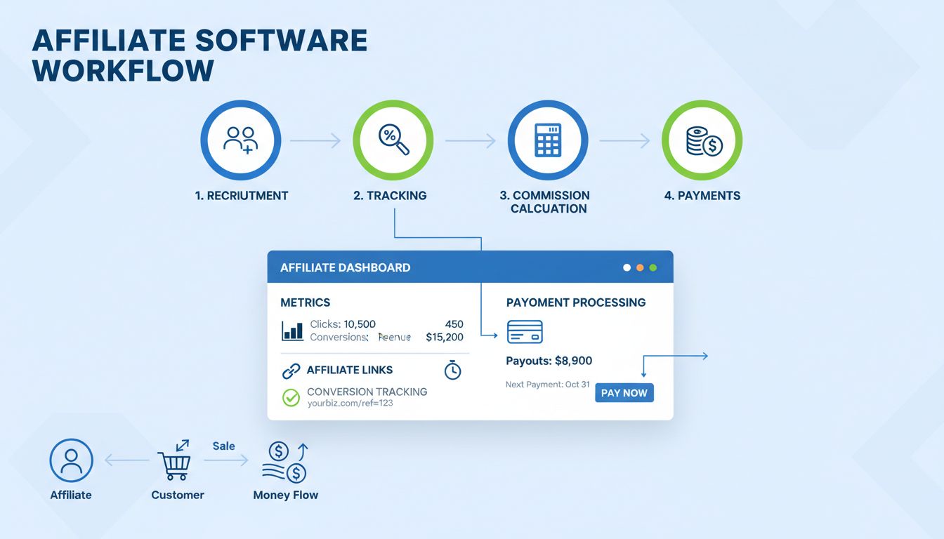 Flujo de trabajo de software de afiliados mostrando reclutamiento, seguimiento, cálculo de comisiones y procesamiento de pagos