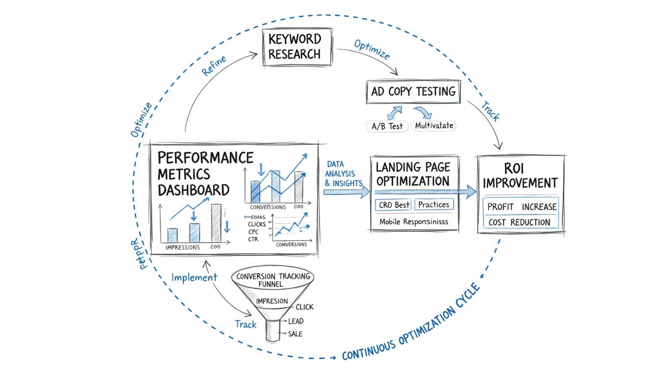 Diagrama de flujo de optimización de campaña PPC que muestra investigación de palabras clave, pruebas de anuncios, optimización de landing pages, seguimiento de métricas y ciclo de mejora del ROI