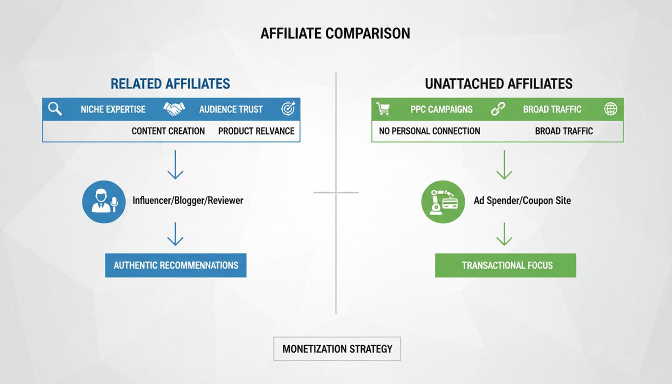Diagrama comparativo de Afiliados Relacionados vs Afiliados No Vinculados mostrando experiencia en nichos, confianza de la audiencia, creación de contenido, campañas PPC y fuentes de tráfico