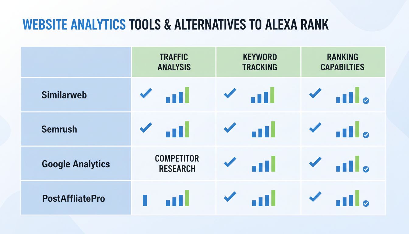 Gráfico comparativo de herramientas de análisis web y alternativas a Alexa rank mostrando características y capacidades