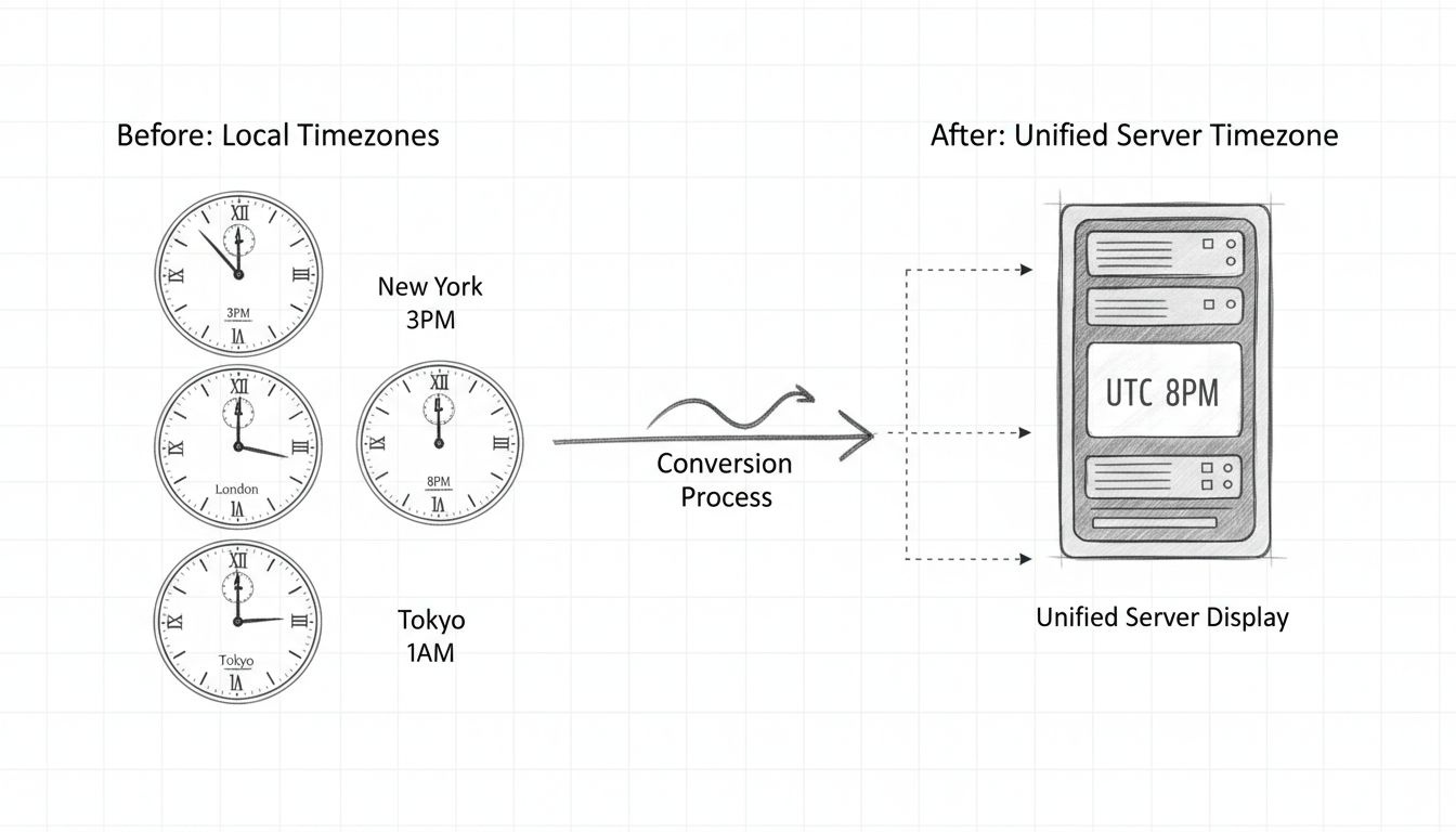 Diagrama de unificación de zonas horarias mostrando múltiples zonas locales siendo convertidas a la zona horaria unificada del servidor